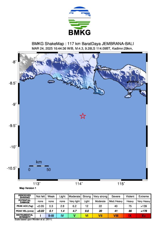 Foto:Ist. Pusat Gempa: Peta pusat gempa menurut BMKG Wilayah III Denpasar.